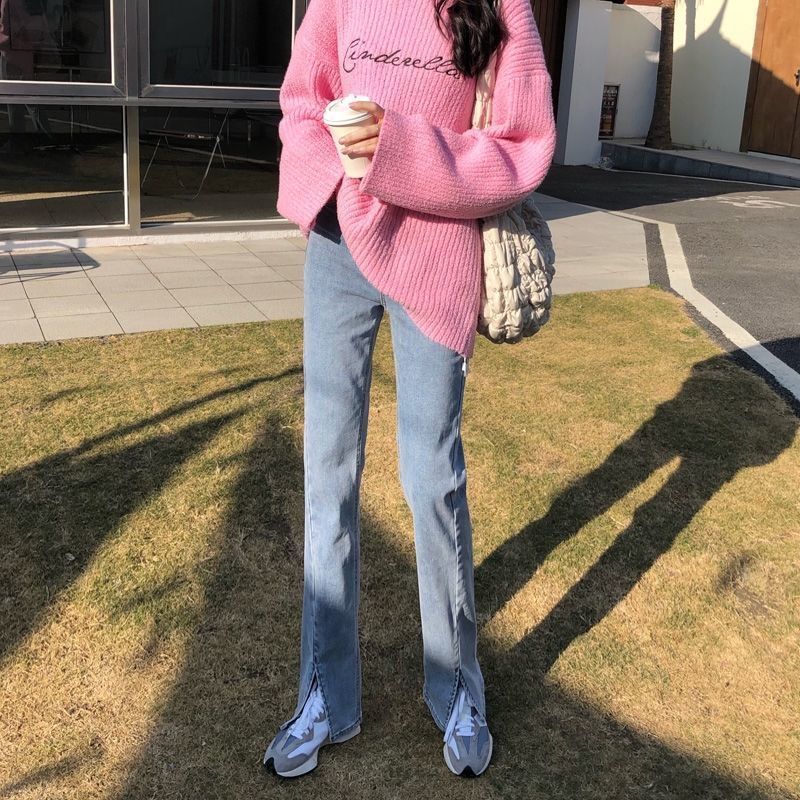 Женские джинсовые брюки с высокой талией на весну и осень, универсальные прямые повседневные джинсовые брюки с широкими штанинами и разрезом на вилке