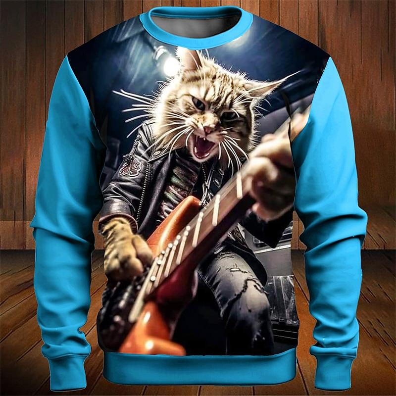 Осенние мужские толстовки Rock Cat 3D Print Long Sleeve T Shirts For Men Round Neck Hoodies Loose Overszied Man Clothing Tops New