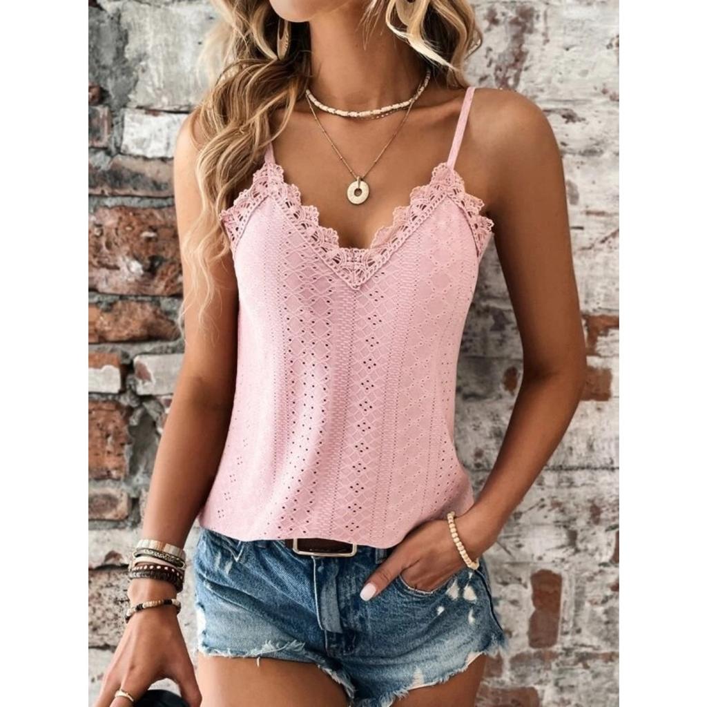 Летняя новая женская майка-топ на бретелях с V-образным вырезом и кружевом