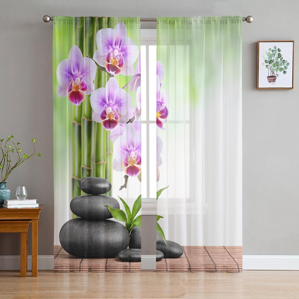 Zen Stones Orchids Flower Green Bamboo Tulle Curtains for Living Room Bedroom Decor Transparent Sheer Voile Window Curtain