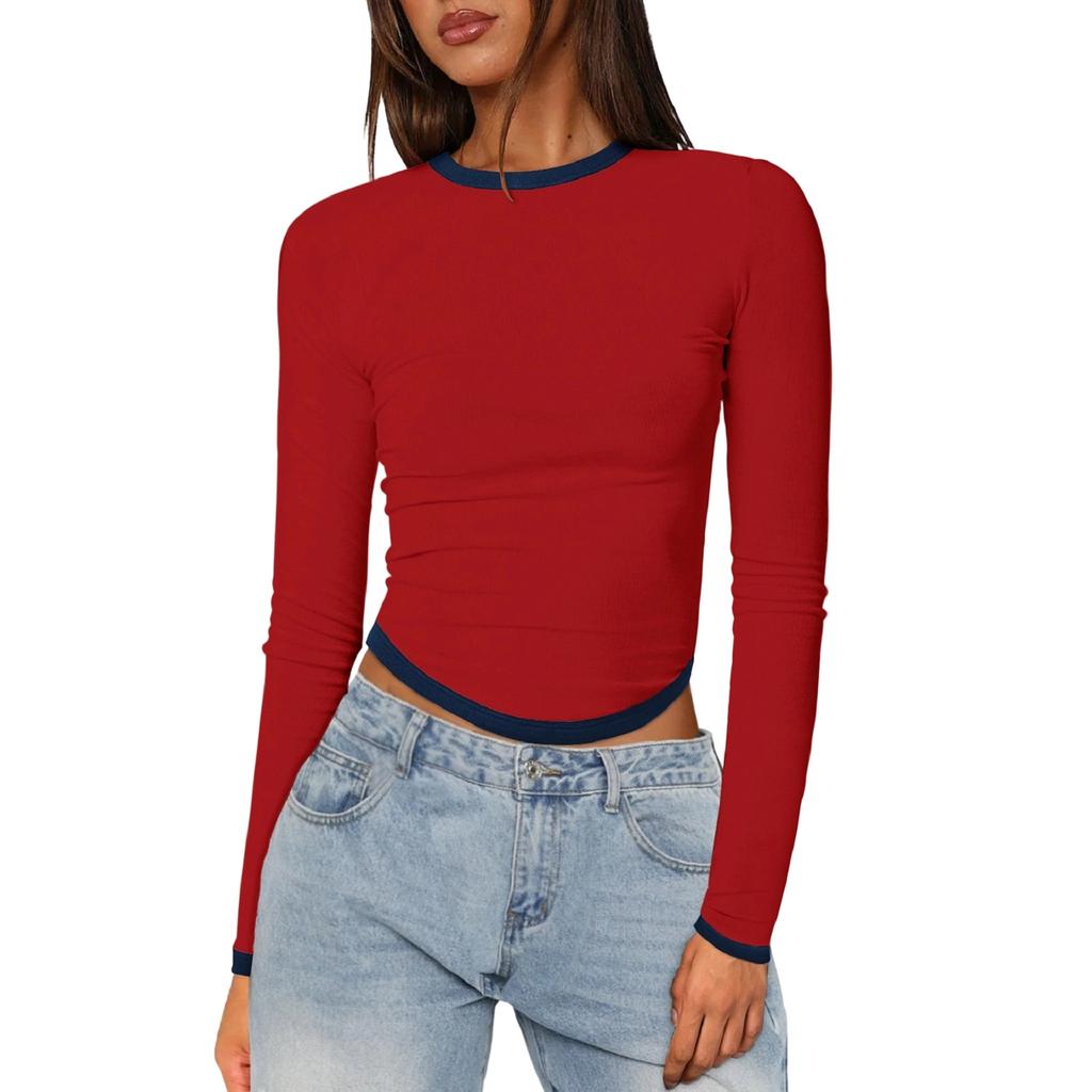 Women's Long-Sleeve  Slim-Fit Color Block Crop Base Layer Top