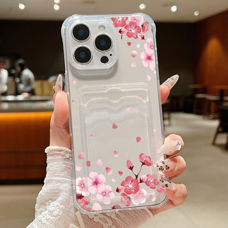 Для iPhone 16 Pro Max 16E 15 14 Pro 13 12 11 чехол с бантом и цветочным принтом, прозрачный слот для карт, мягкий силиконовый защитный чехол для линз, ударопрочный тонкий чехол для телефона