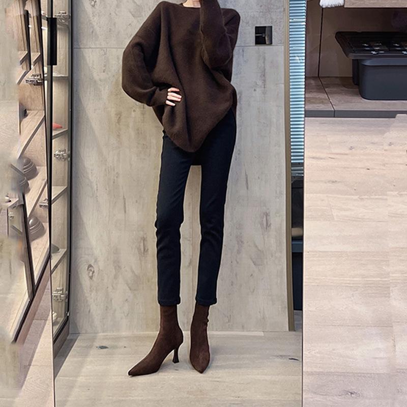 Короткие сапоги на тонком каблуке с острым носком, женские корейские версии сексуальных замшевых сапог на высоком каблуке 2025 года, новые модные эластичные тонкие сапоги на осень и зиму