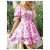 Women's Fashionable Floral Print Square Neck Pleated Short Sleeved Vacation Casual Dress