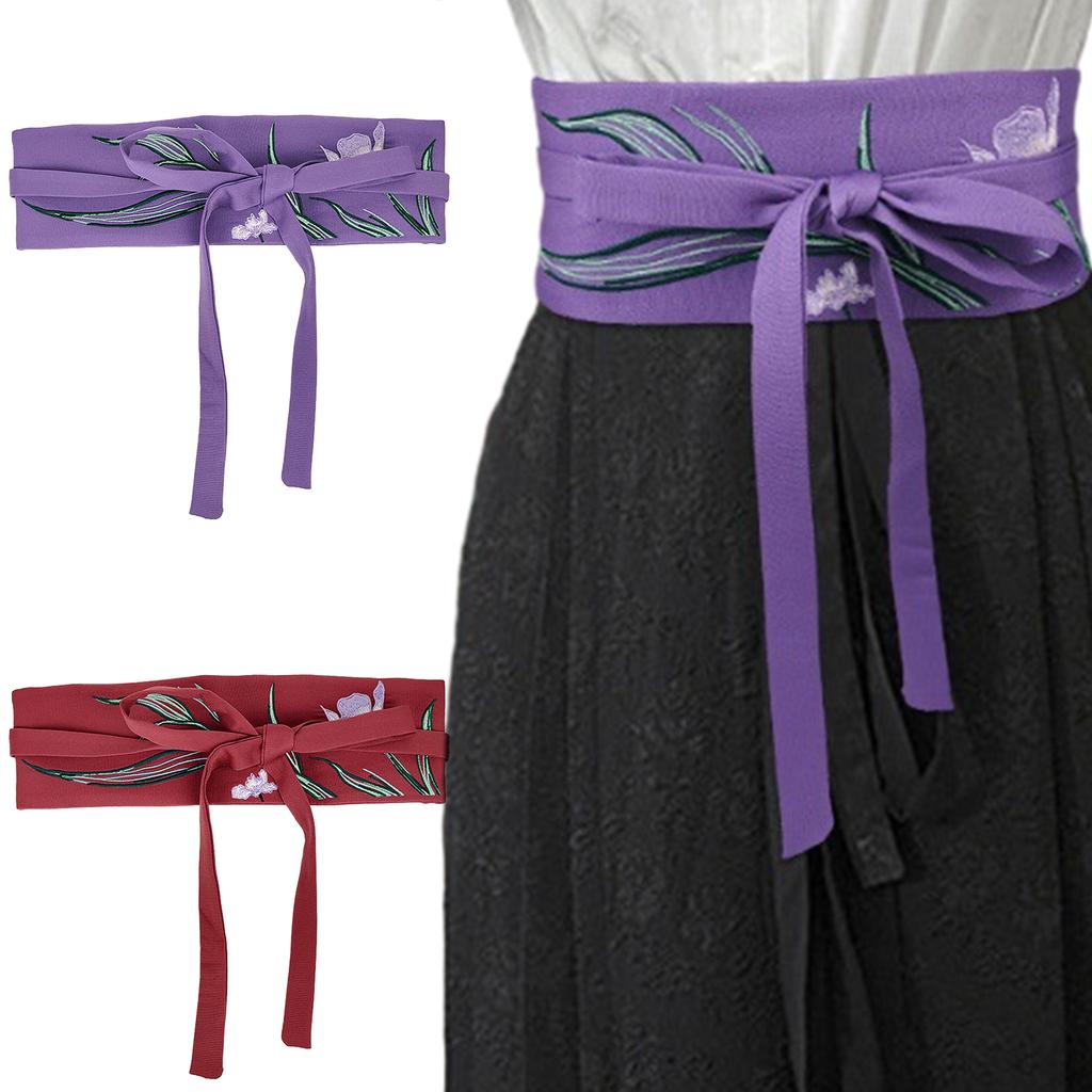 Chinese Mamianqun Hanfu Clothing Waistband with Embroidery Wide Tie Belt with Orchid Flower Pattern for Mamianqun