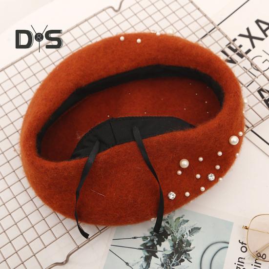 Женский берет с искусственным жемчугом и стразами, винтажная шерстяная шляпа в английском стиле без полей, однотонная, с регулируемыми лямками, кепка-тыква