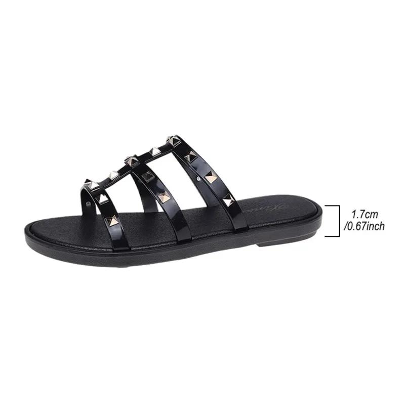 Fashion Rivet Ladies Shoes 2024 New Open Toe Women's Slippers Summer Rome Solid Outdoor Casual Beach Flat Comfortable Slippers Zapatos