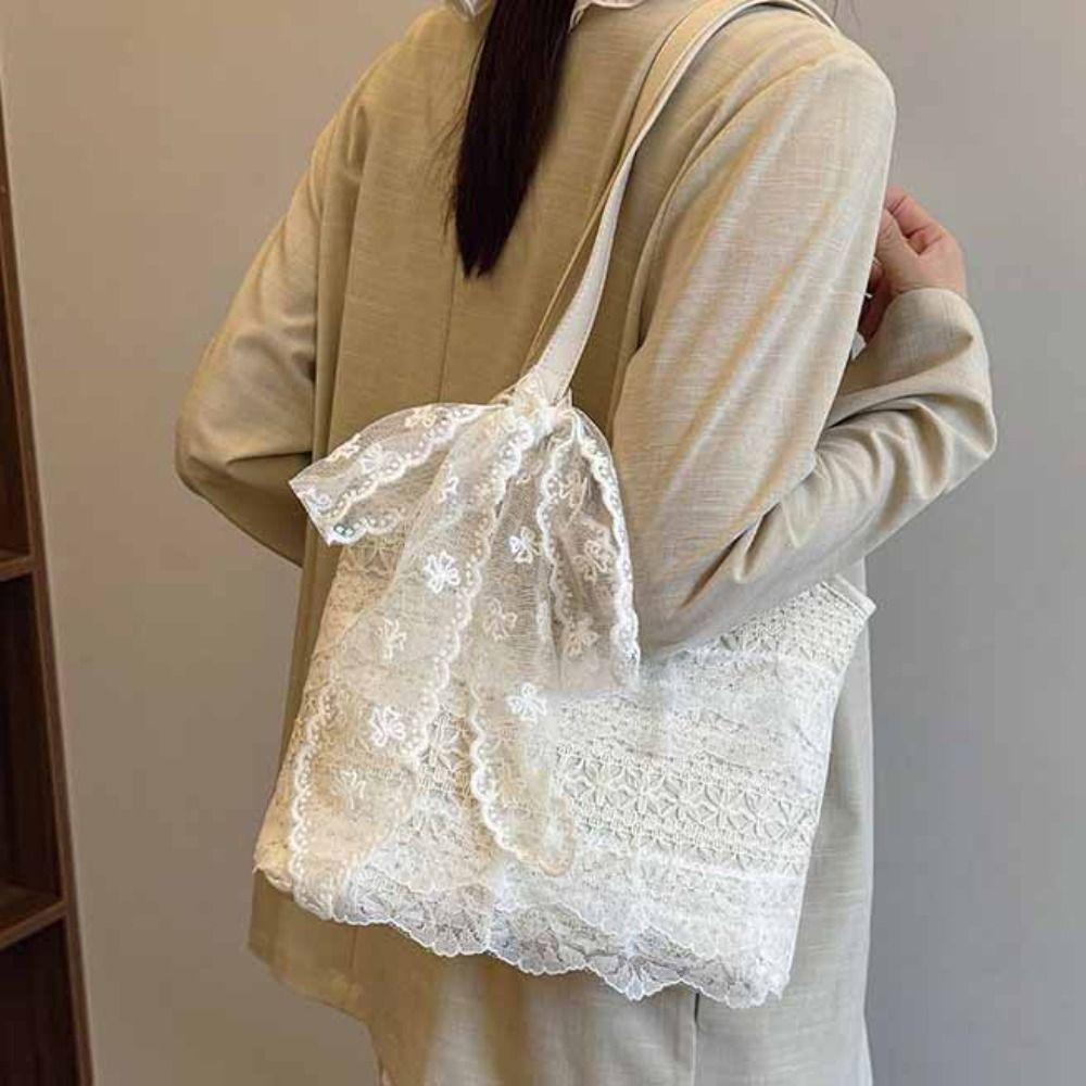 Korean Style Lace Shoulder Bag With Ribbon Large Capacity Bag Simple Canvas Handbag Travel