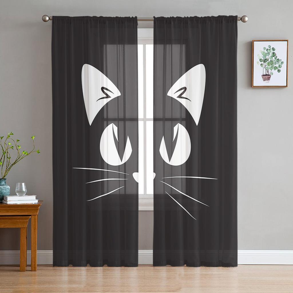 Тюлевые прозрачные шторы с рисунком кота для украшения гостиной, занавески для комнаты, спальни, кухни, вуаль, занавески из органзы