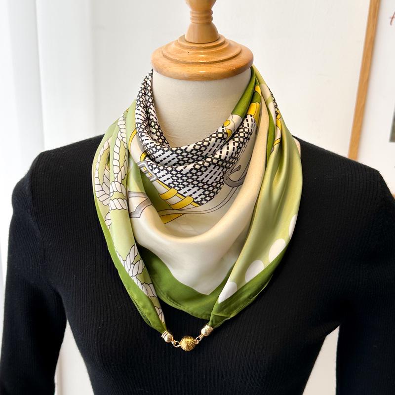 Magnetic Buckle Silk Neck Scarf: Triangle Design for Women, 70x70cm, Lightweight Spring/Summer/Autumn Accessory