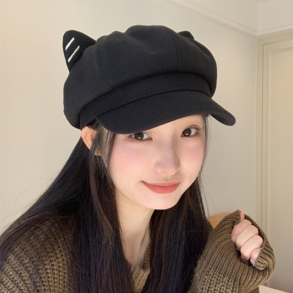 Y2K British Beret Hat Woolen Octagonal Cap Versatile Cat Ear Hat  Autumn Winter