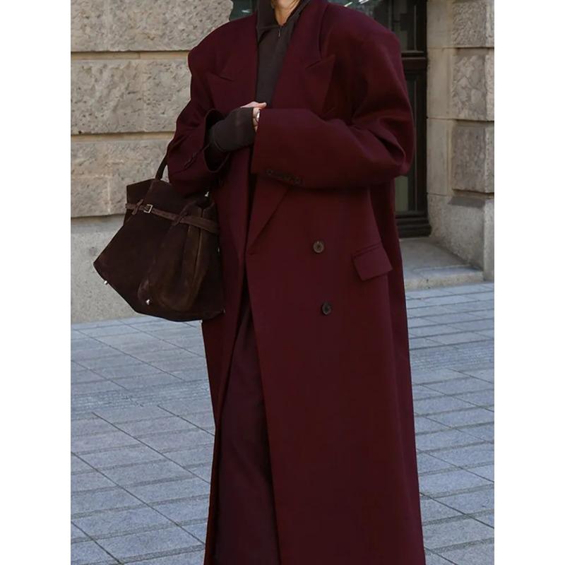 Elegant Double-breasted Woolen Long Coat Women Fashion with Pockets Full Sleeves Overcoats New Female High Streetwear