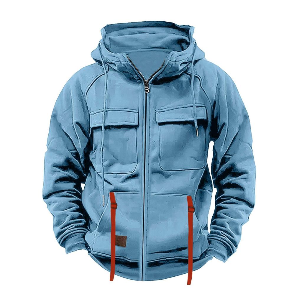 Men's Fashionable Solid Color Long Sleeve Hooded Loose Sweatshirt Sports Multi Pocket Sweatshirt Jacket