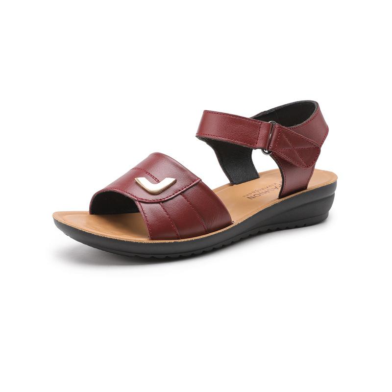 Первый слой коровьей кожи сандалии для мам женские летние туфли с плоской подошвой среднего возраста нескользящая мягкая подошва для пожилых людей среднего возраста бабушек пожилых людей