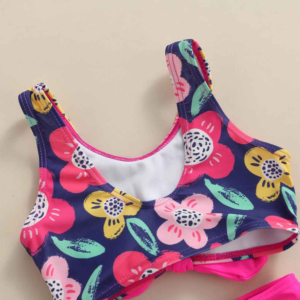 Girl 's Two Pieces Swimwear Suit, Letter Floral Print Front Twist Knot Vest Tops with Underpants