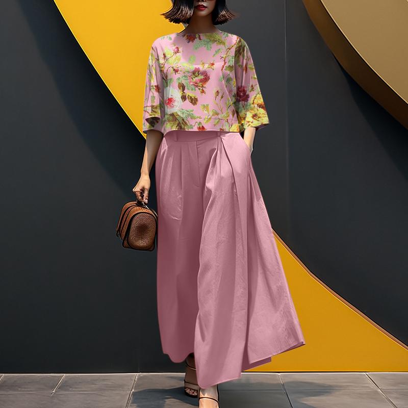 ZANZEA Женский повседневный костюм из двух частей: блузка с цветочным принтом и широкие брюки