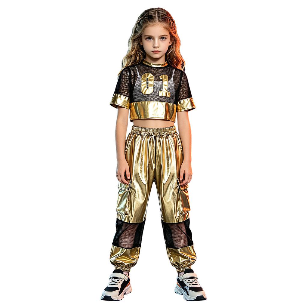 Kids Girls Hip Hop Jazz Dance Set Short Sleeve Number Graphic Hollow Out Mesh Crop Top with Shiny Cargo Pants for Stage Performance Competition
