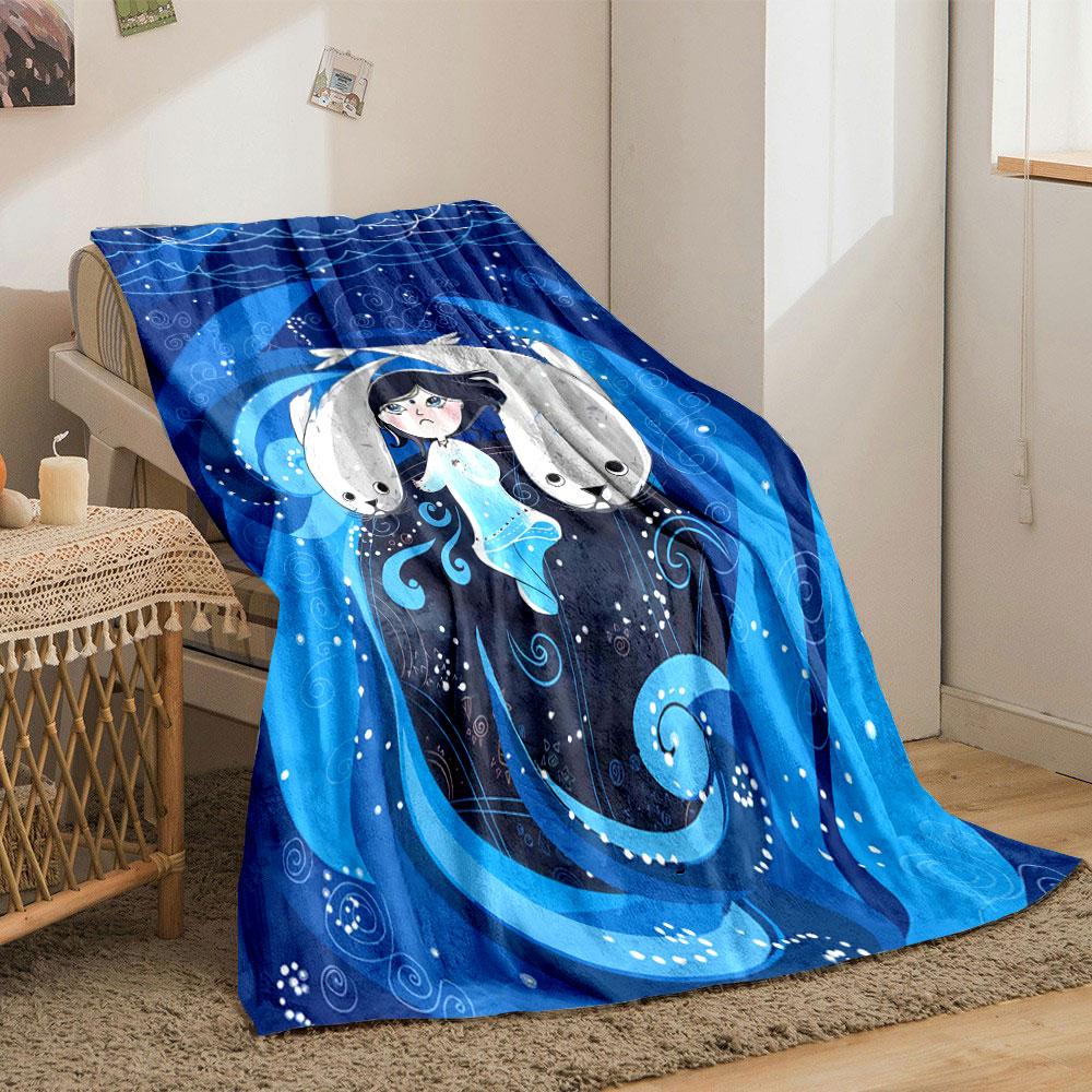 A woman, seals, and swirling blue waves with intricate white patterns. for all seasons blanket lunch break throw gift
