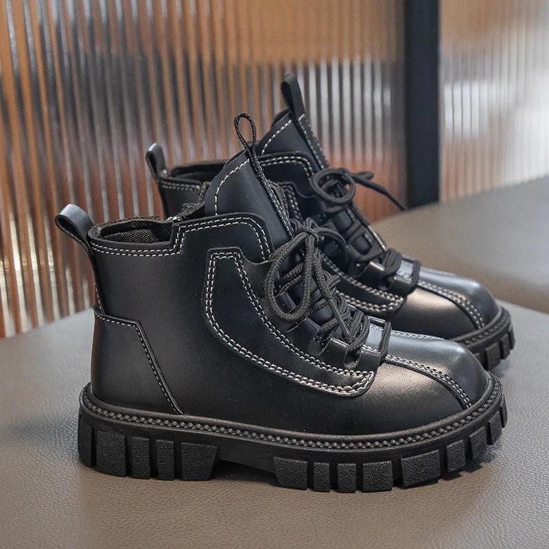 Модные новые детские модные короткие ботинки осенние нескользящие ботинки для мальчиков и девочек британская платформа шнуровка однотонные детские повседневные туфли