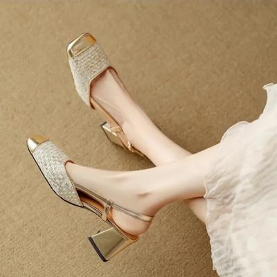 Модные женские туфли-лодочки 2024 года, новые модные летние качественные туфли на среднем квадратном каблуке, золотисто-серебряные, из натуральной кожи, для вечеринок, для офиса, женская обувь