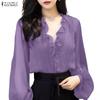 Women Ruffles V-Neck Loose Casual Long Sleeve Blouse