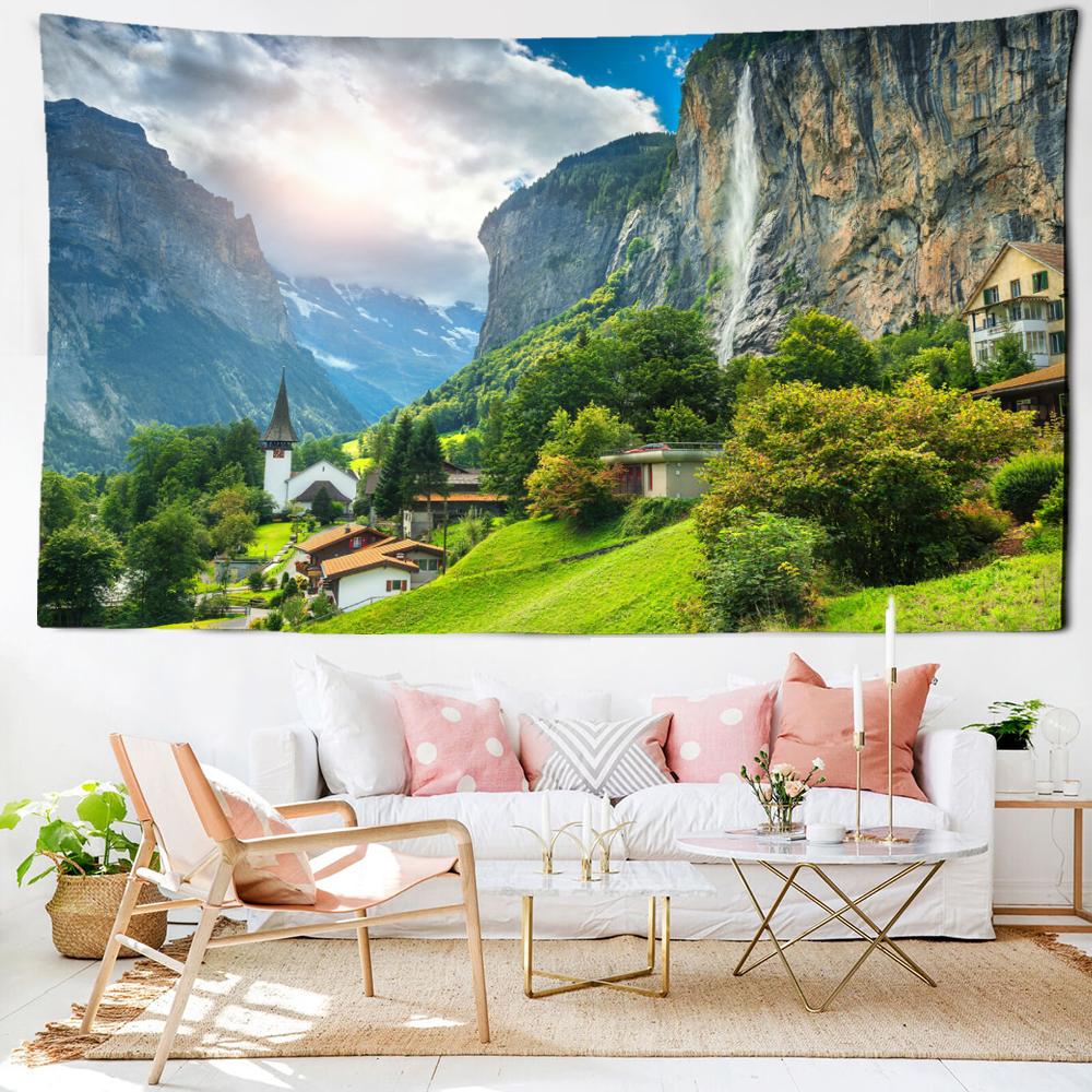 Дом на вершине холма, гобелен, подвесной природный пейзаж, богемный хиппи, эстетическая комната, гостиная, домашний декор