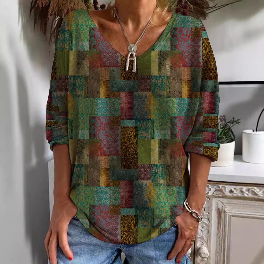 Осенняя новая мода с длинными рукавами женская футболка с V-образным вырезом повседневная свободная полоса принтованная уличная женская футболка-пуловер