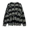 Unisex Fall Winter Distressed Knit Sweater Star Striped Loose Fit Streetwear Pullover