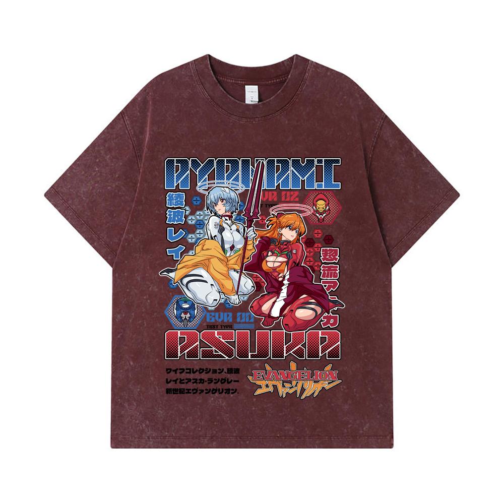 275 GSM Washed T-shirts 100% Cotton Evangelion V2 Asuka Rei Print Unisex Heavy Cotton T Shirt