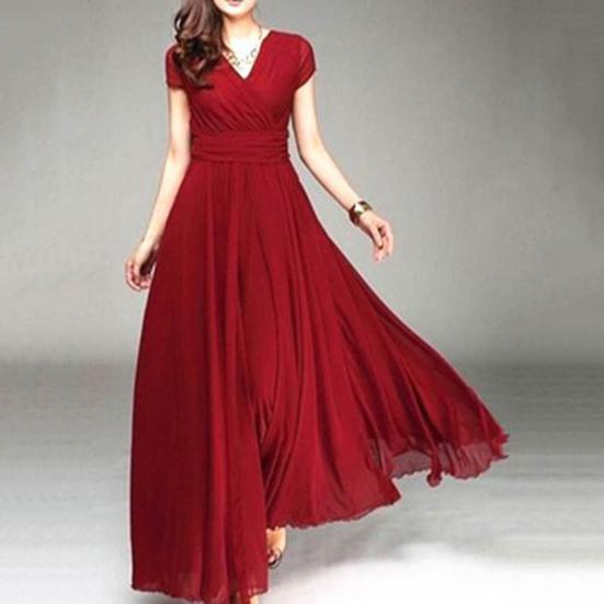 Плюс размер однотонное женское вечернее платье с V-образным вырезом и коротким рукавом Slim Fit Maxi Dress
