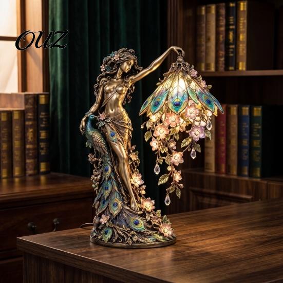 Detailed Resin Statue Peacock/Butterfly Goddess Desk Light, Decorative Lighted Sculpture, with Warm LED Artistic Home Soft Furnishing Lighting, Retro