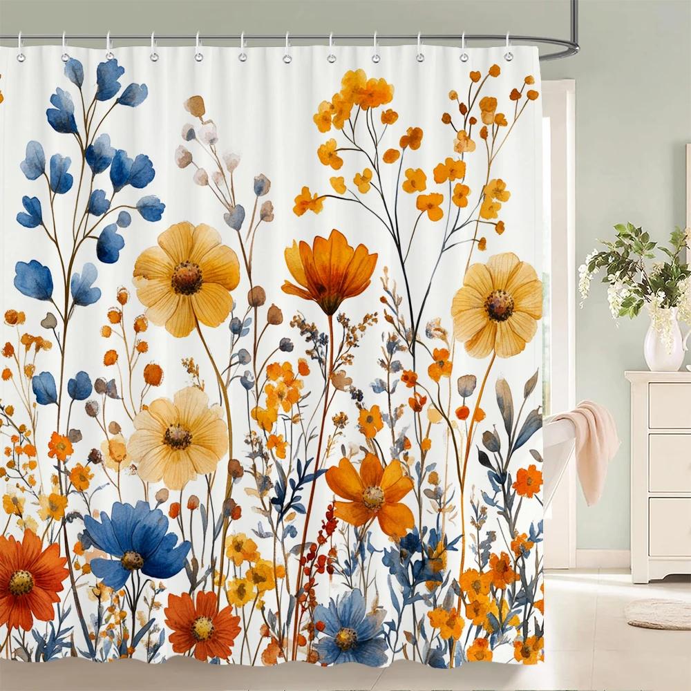 Watercolor Flowers, Leaves And Butterflies Shower Curtain Floral Printed Bathroom Bath Curtain Home Decor Curtain With Hooks