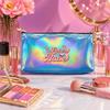 Retro Pink Heart Lover Babe Pattern Laser Cosmetic Makeup Bag, Shiny Holographic Travel Toiletry Organizer Pouch for Girls Women Vacation Gifts