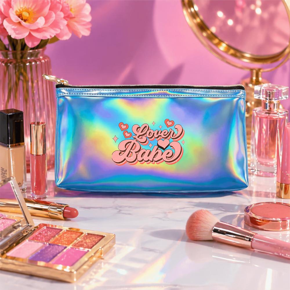 Retro Pink Heart Lover Babe Pattern Laser Cosmetic Makeup Bag, Shiny Holographic Travel Toiletry Organizer Pouch for Girls Women Vacation Gifts
