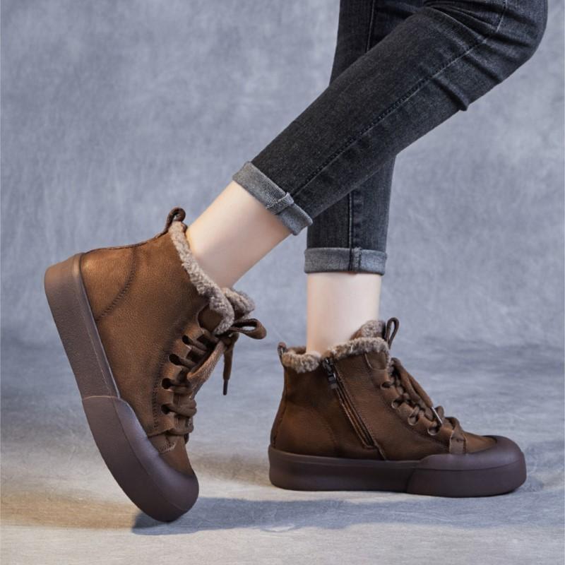 Johnature Зимние теплые плюшевые короткие ботинки из натуральной кожи в стиле ретро, универсальные женские туфли на плоской подошве из хлопка