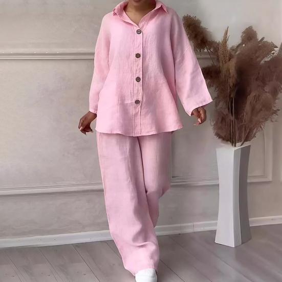 Женская блузка и брюки, комплект из 2 шт./компл., топ с лацканами и длинными рукавами больших размеров, свободные брюки с тонкой эластичной резинкой на талии, повседневная домашняя одежда, наряд на каждый день