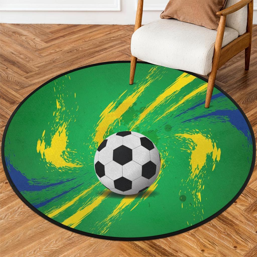 Sports Balls Soccer Balls Round Rug,Washable Soft Circular Floor Mat, Non Slip Low Pile Area Rugs for Kids Room Bedroom Bathroom