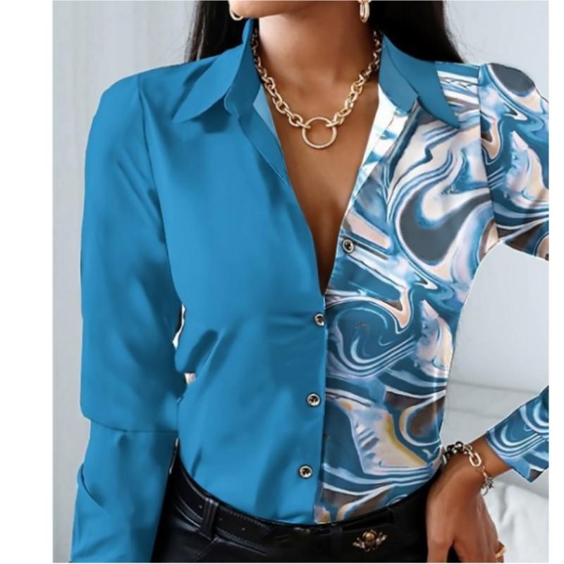 Women's Autumn Long Sleeved V-neck Color Blocked Retro Style Shirt, Loose and Elegant Casual Top