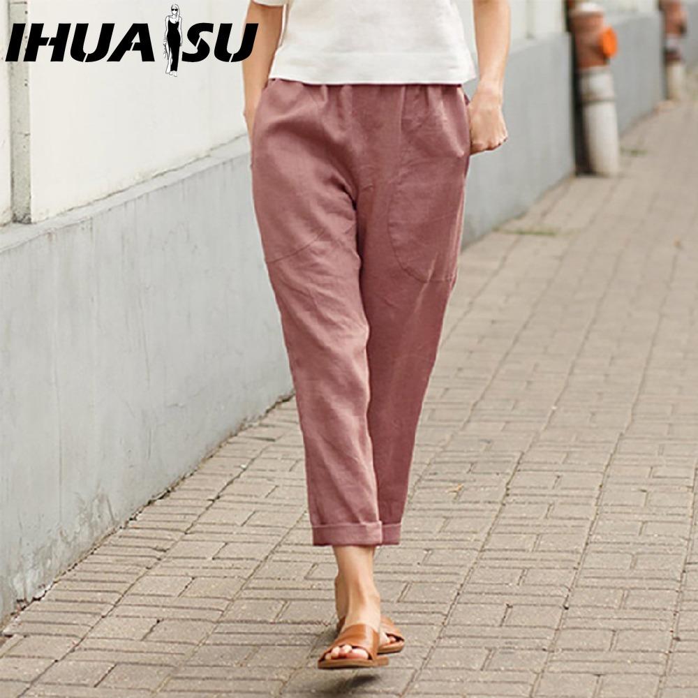 IHUASU Женские летние однотонные брюки с двойными карманами, свободные длинные брюки, женские хлопковые льняные брюки