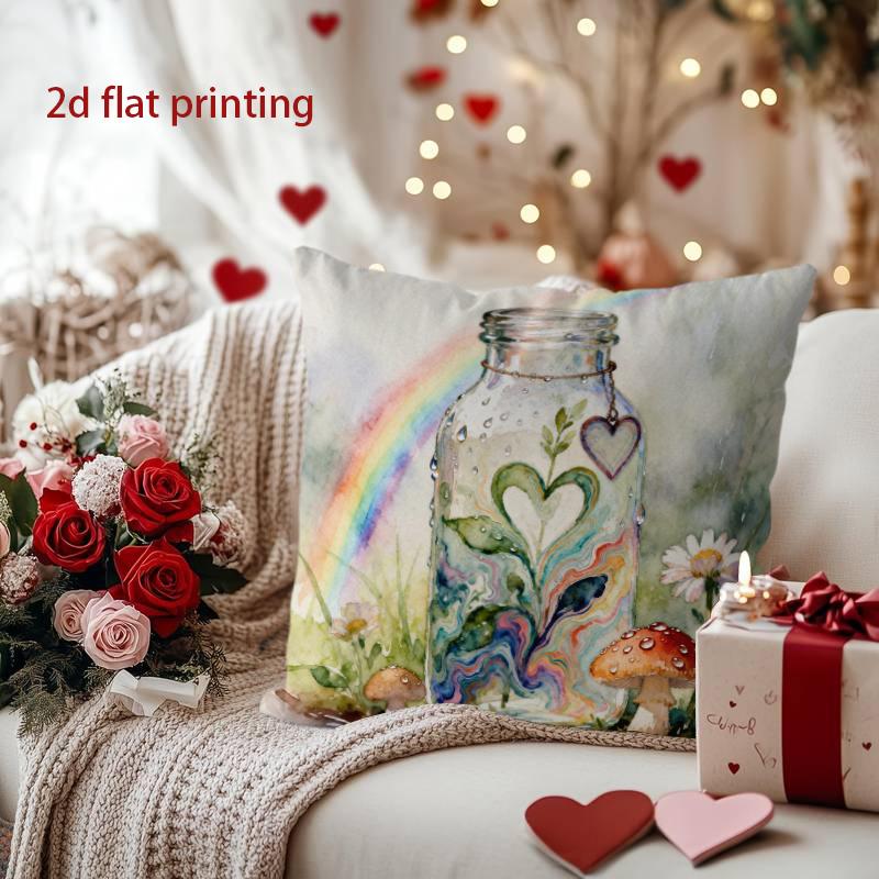 Rainbow & Heart Jar Pillow Cover for Cozy Decor Pattern Cushion Cover Suitable for Sofa Bedroom Car Pillow Cover