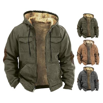 Мужская термокуртка с капюшоном, затягивающимся шнурком, длинным рукавом, однотонная куртка с карманами, застежкой-молнией, плюшевой подкладкой, спортивное пальто