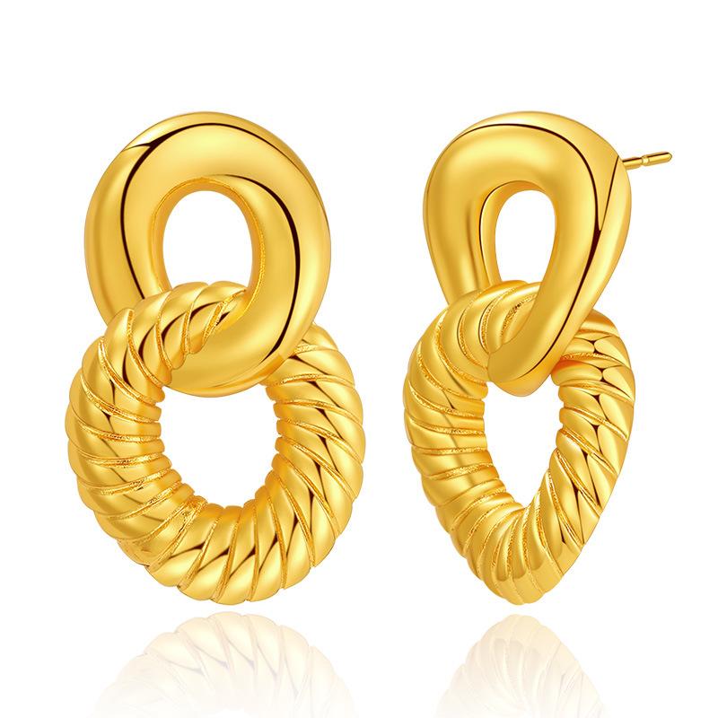 French Vintage Retro Double Ring Hollow 18k Gold Plated Copper Stud Earrings For Women