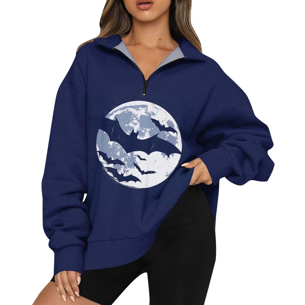 Women's Casual Fashion Long Sleeve Print Oversize Zip Sweatshirt Top