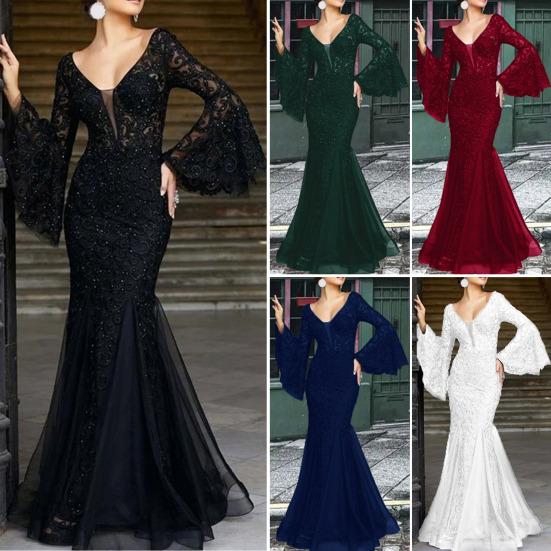 Женское вечернее платье с V-образным вырезом, прозрачной кружевной вышивкой, расклешенными рукавами, бальное платье А-силуэта, подол «рыбий хвост», облегающее коктейльное вечернее платье, выпускной, банкетное платье макси