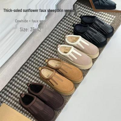Женские сноубутсы на толстой подошве «Подсолнух»: Низкие тапочки из коровьей кожи, натурального меха, с плюшевой подкладкой для тепла