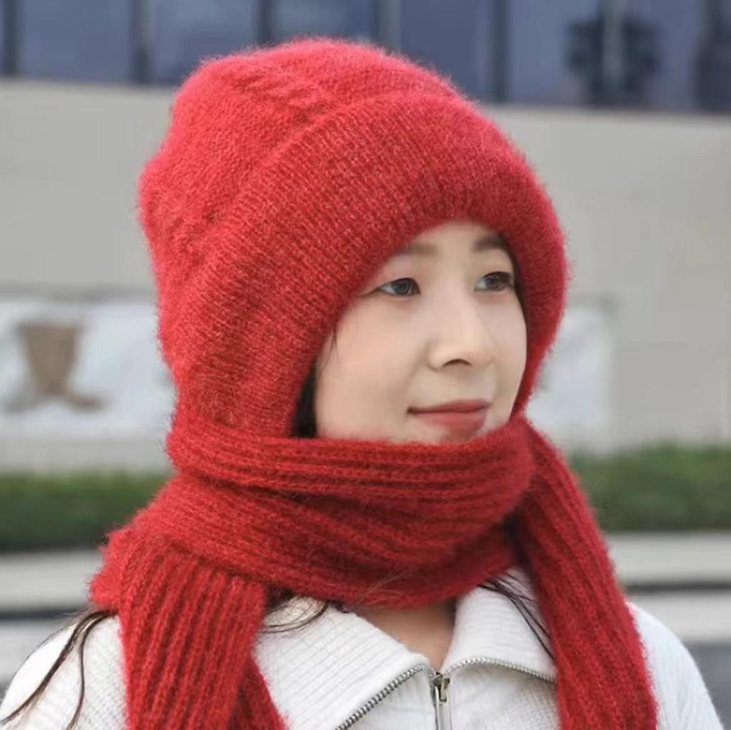 1Pc Integrated Ear Protection Windproof Cap and Scarf Knitting Thickening Hat Winter Pullover Hat Scarf