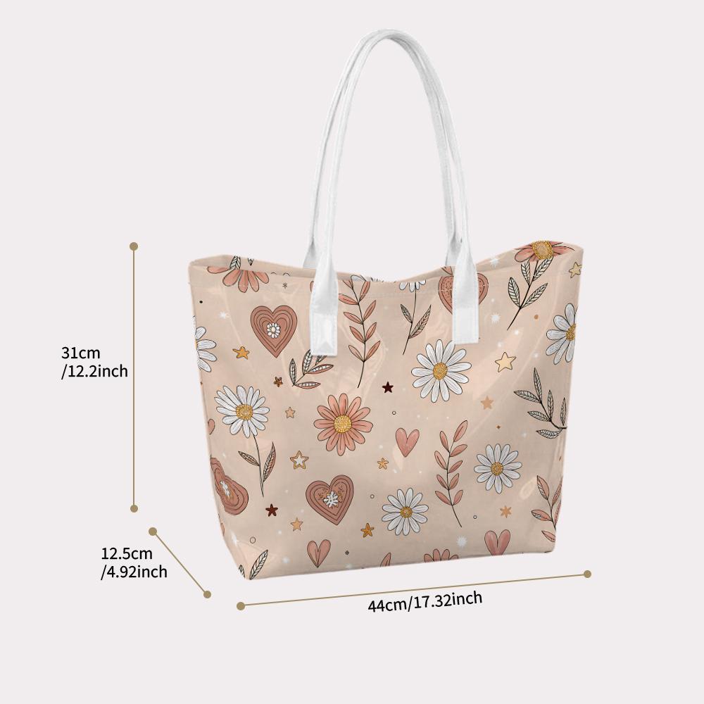 Sweet Floral Heart Printed Casual Tote Bag Large Capacity Daily Handbag for Women Lightweight Reusable Outdoor Shoulder Bag