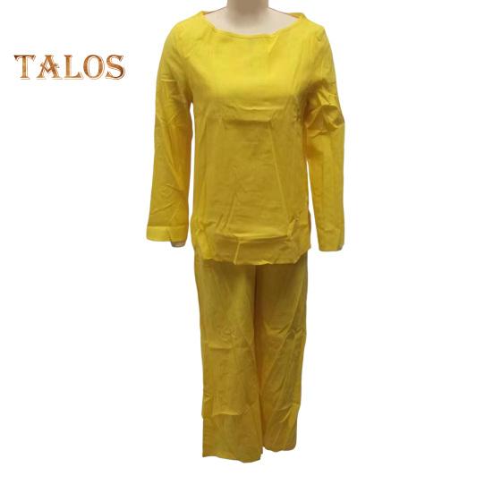 2Pcs/Set Women Casual Outfit O-neck Long Sleeve Tops Elastic Waist Wide Leg Long Pants Set Solid Color Loungewear