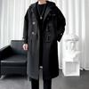 Autumn Men Korean Hooded Trench Coat Men Casual Horn Button Woollen Coat Men Black Warm Long Coat Male Wool Blends Overcoat