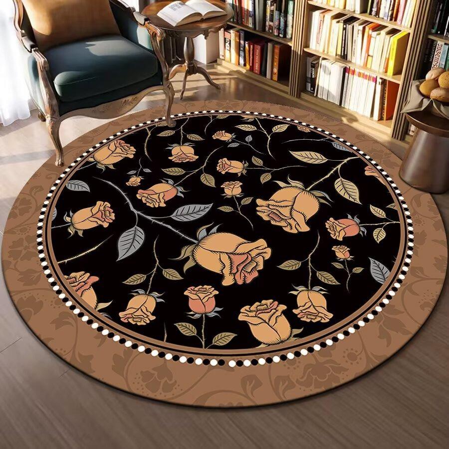 Round Area Rug With Traditional Patterns Lotus Flower Landscape Exquisite Artistic Style Soft Durable Floor Decor For Bedroom